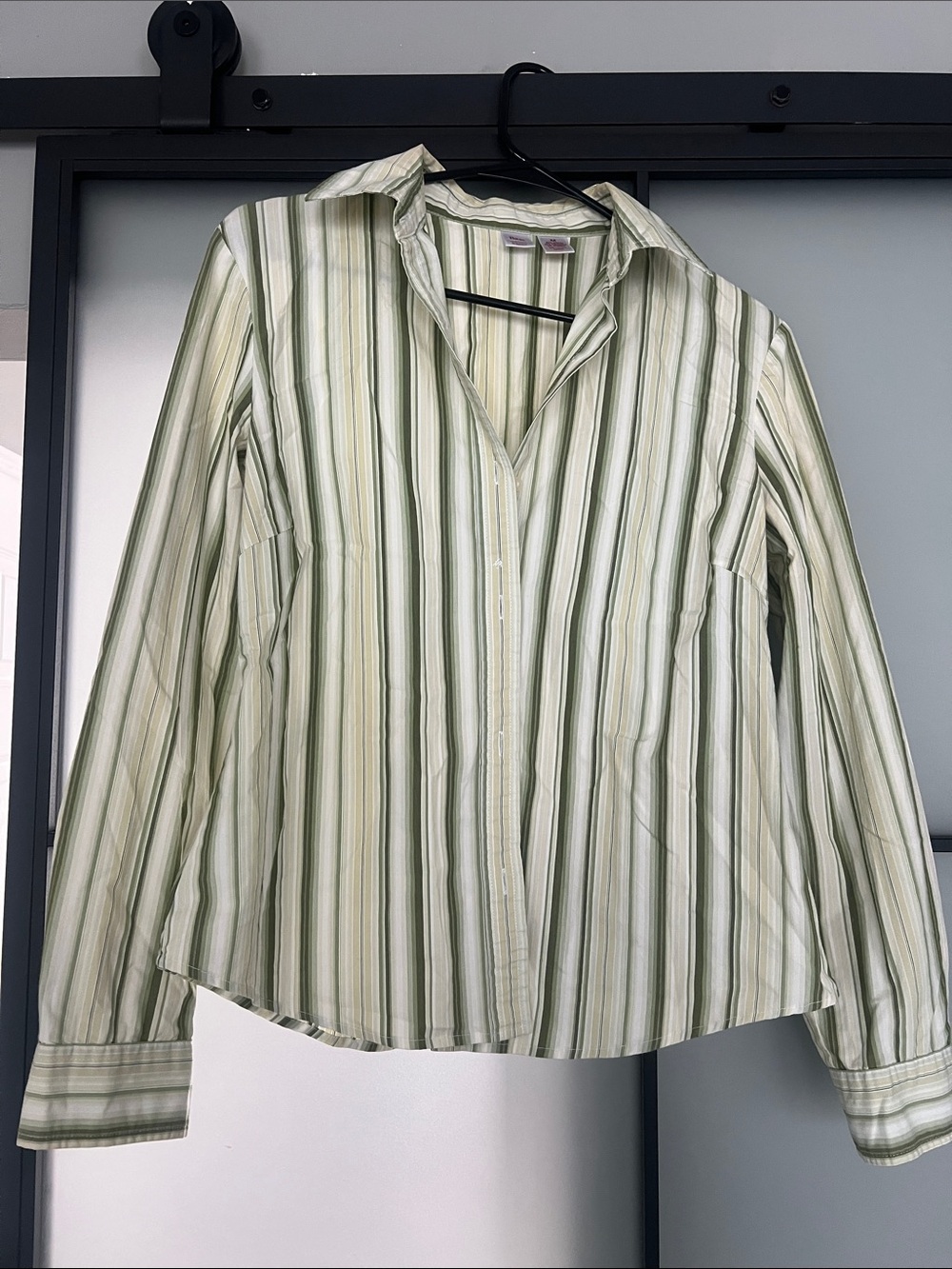 Light Green Striped Button-Up Women's Shirt